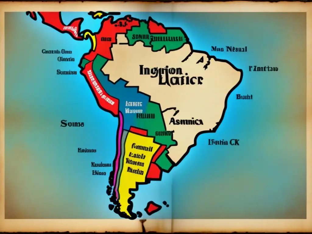 Mapa antiguo de América Latina con tribus indígenas, caligrafía detallada y figuras ancestrales en un ambiente místico