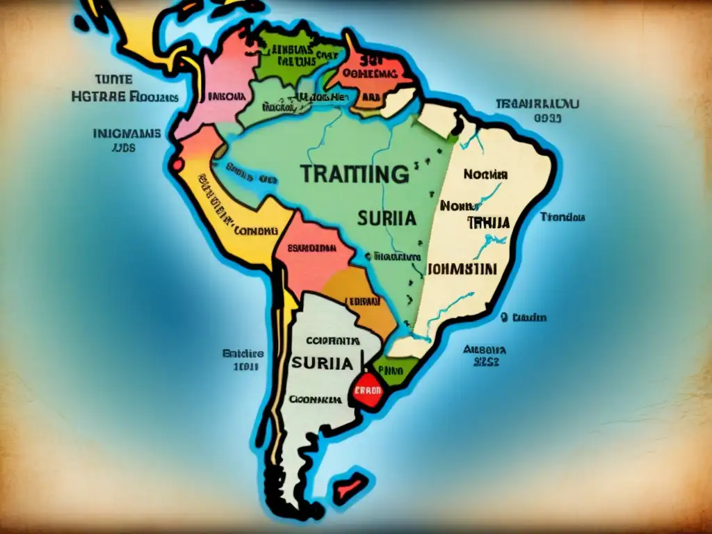 Mapa antiguo de Latinoamérica con territorios indígenas detallados y evolución de apellidos indígenas