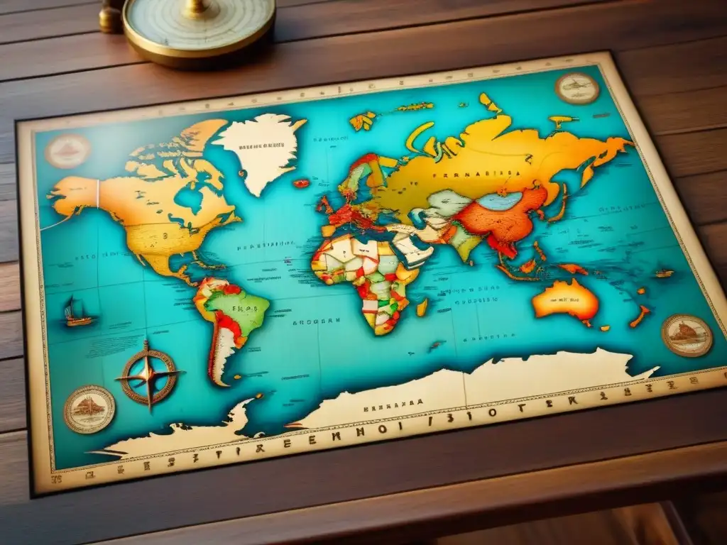 Un mapa antiguo en una mesa de madera, con rutas detalladas y destinos misteriosos