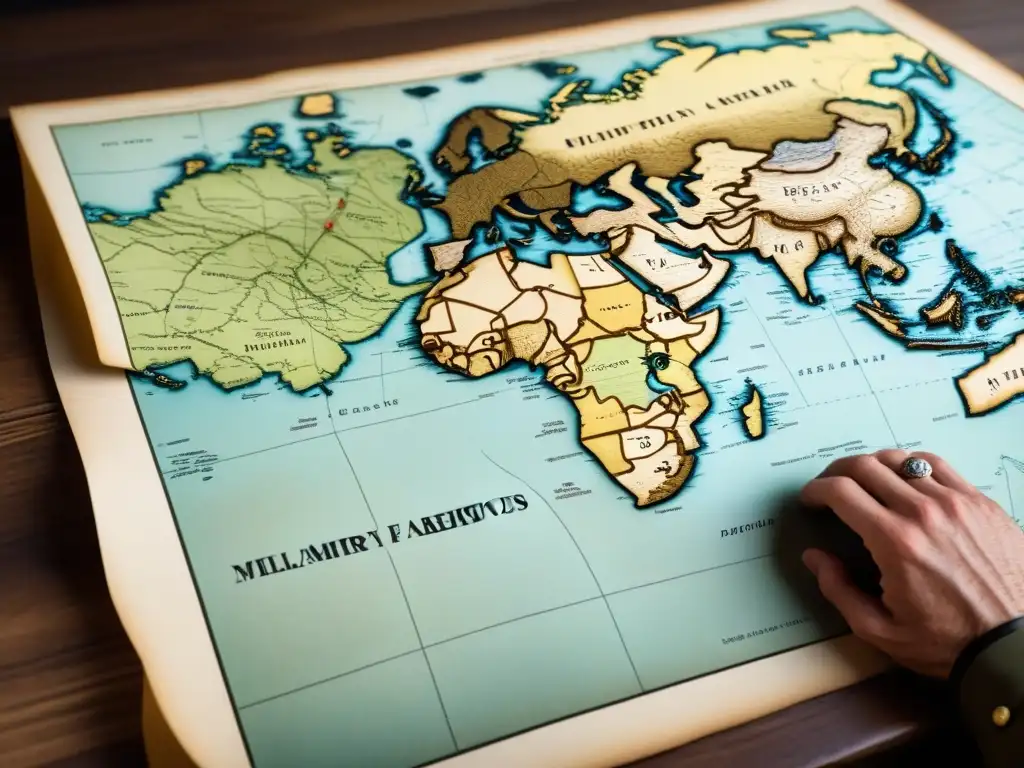 Un mapa antiguo en una mesa de madera, con rutas militares y ubicaciones estratégicas