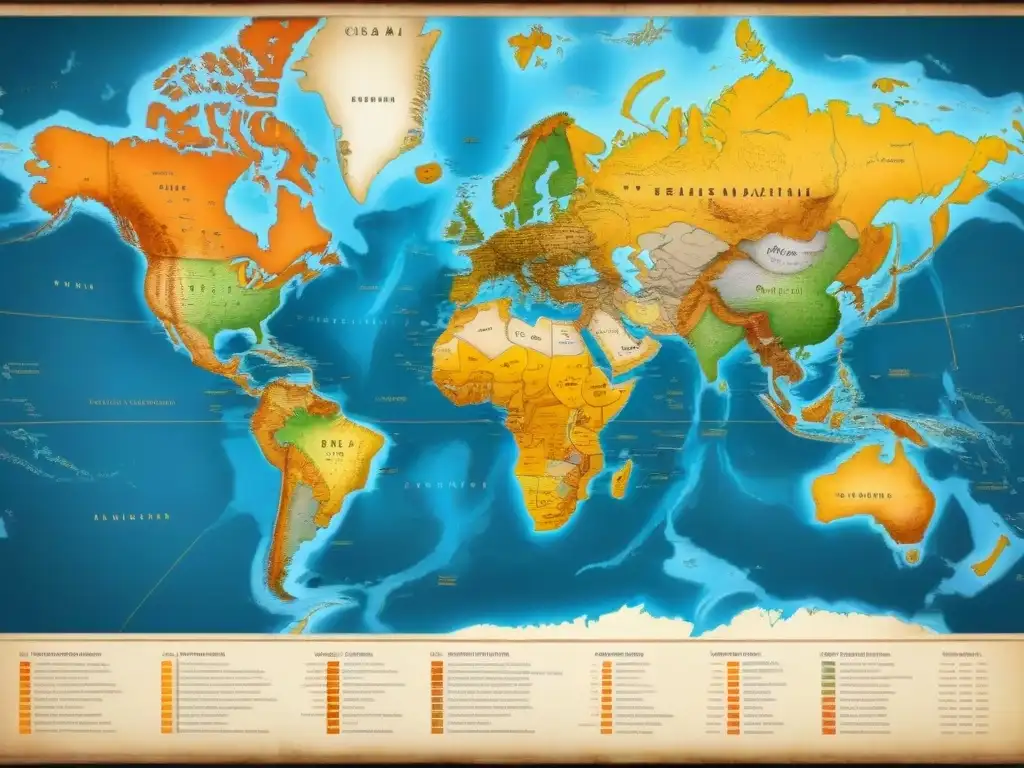 Mapa antiguo detallando migraciones globales de apellidos, resaltando la historia y genealogía mundial