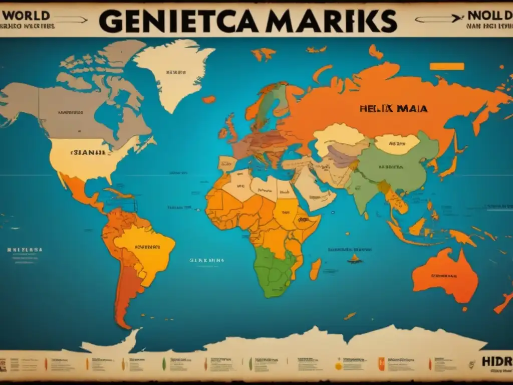 Un mapa antiguo del mundo con apellidos ancestrales en caligrafía, ADN y árboles genealógicos