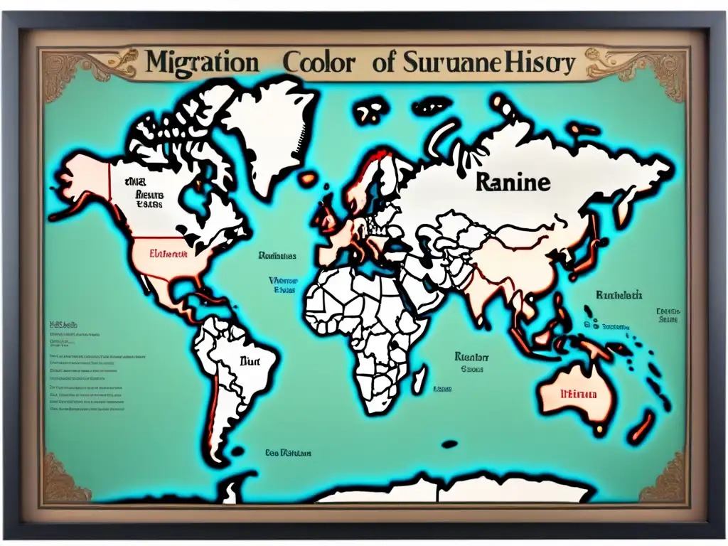 Mapa antiguo detallando Origen y evolución de apellidos a lo largo de la historia, con caligrafía y fronteras ornamentadas