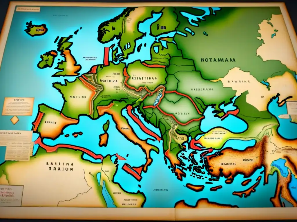 Mapa antiguo detallando rutas guerreras y civilizaciones perdidas