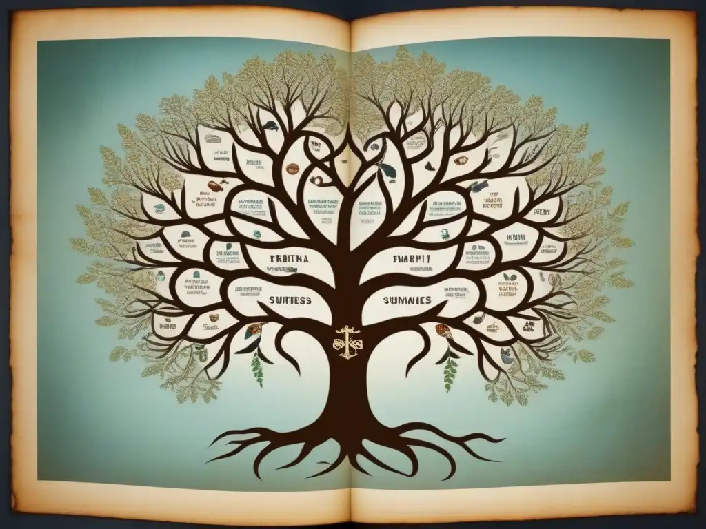 Mapa antiguo con rutas de migración de tribus ancestrales, árbol genealógico de apellidos con 'Orígenes étnicos de apellidos'