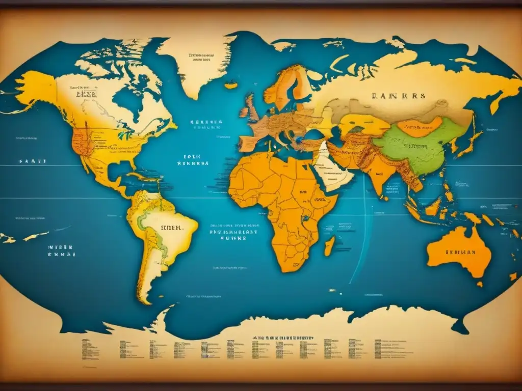 Mapa antiguo detallando rutas migratorias de civilizaciones y orígenes de apellidos