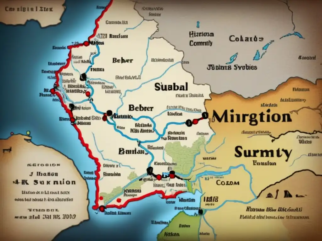 Mapa antiguo detallando rutas migratorias y símbolos beréberes, evocando herencia cultural