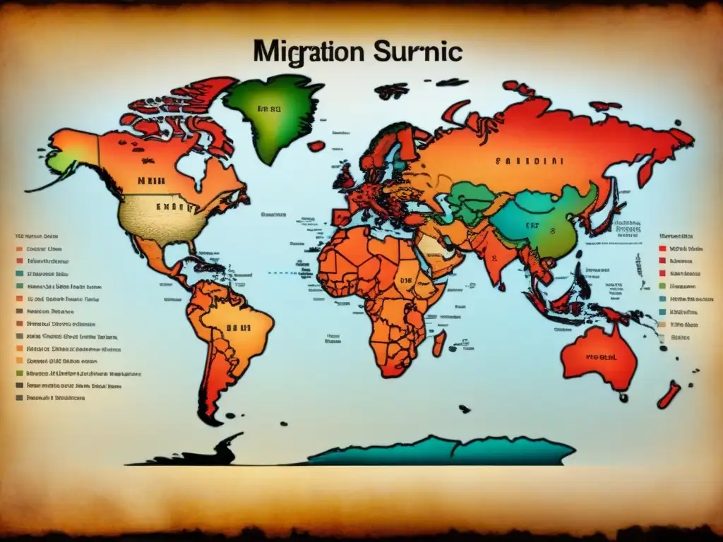 Mapa antiguo con rutas migratorias de apellidos ancestrales y marcadores genéticos en caligrafía detallada sobre pergamino envejecido