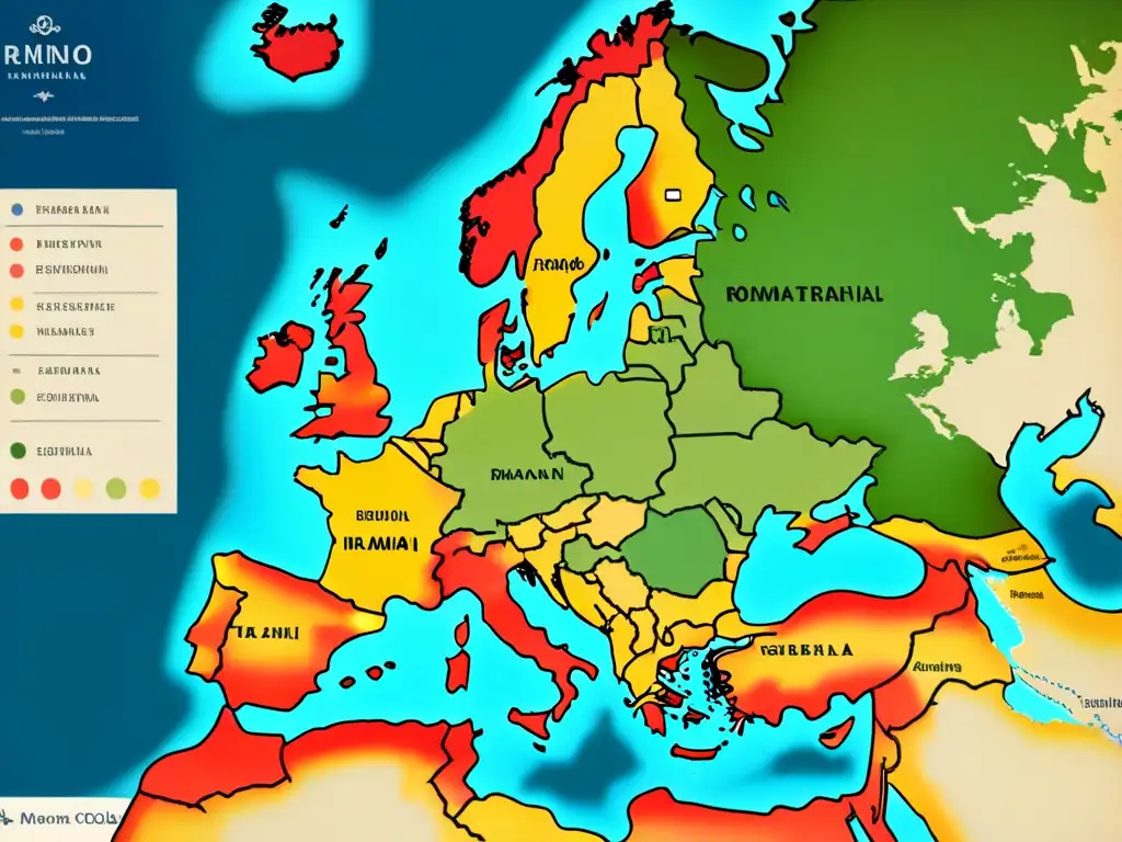 Mapa antiguo de Europa con rutas de origen apellidos gitano, evocando historia y migración