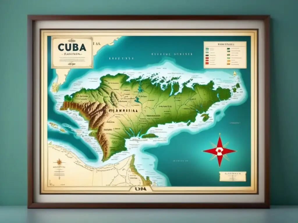 Mapa antiguo de Cuba del siglo XIX con detalles intrincados y colores descoloridos, rodeado de patrones florales y caligrafía elegante