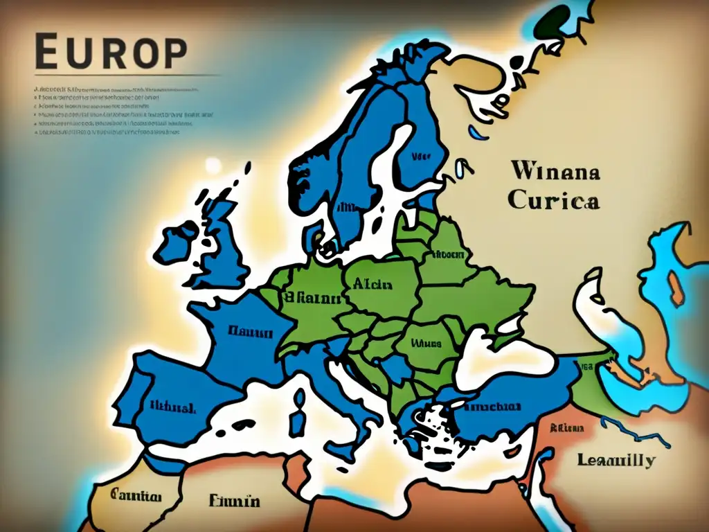 Mapa antiguo de Europa del siglo XVIII en sepia con detalles de fronteras, apellidos escritos a mano y escudos nobiliarios, evocando historia y formación de naciones