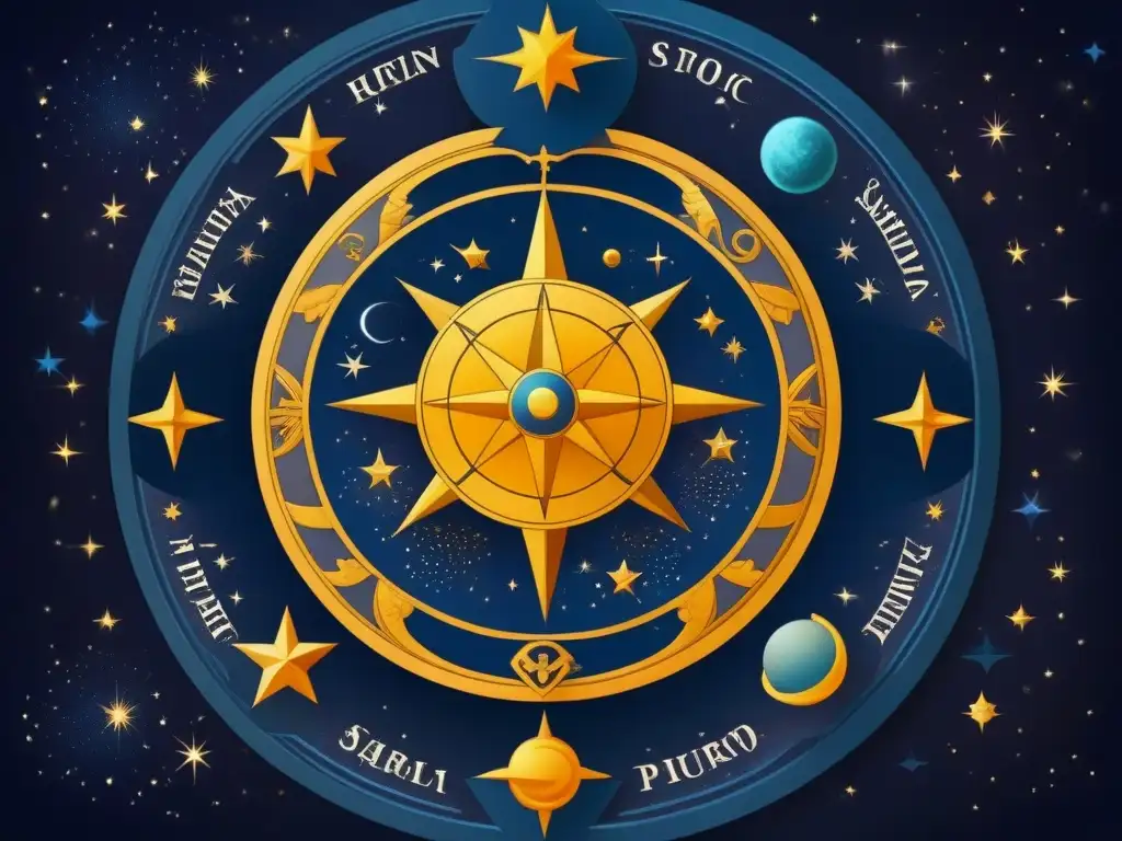 Mapa celeste con símbolos zodiacales y escudos familiares entrelazados