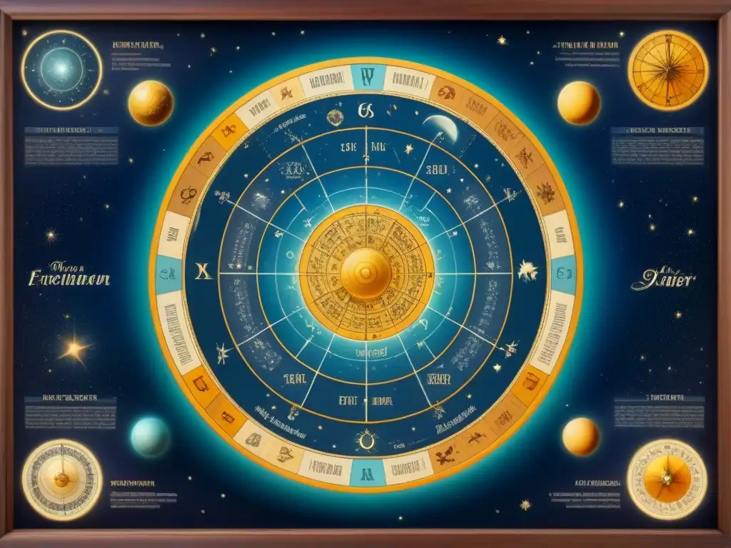 Mapa celestial vintage detallado mostrando zodíacos y constelaciones, conectando astrología y genealogía