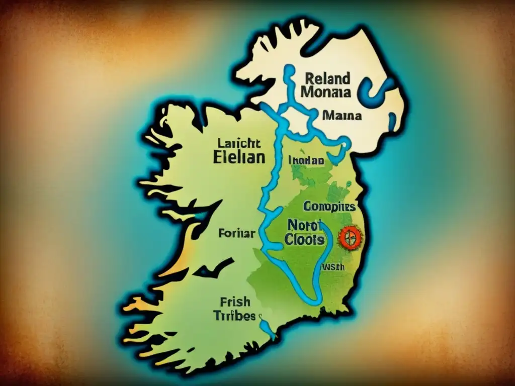 Mapa celta vintage detallado de Irlanda y sus símbolos, nudos y patrones, mostrando raíces celtas en apellidos irlandeses