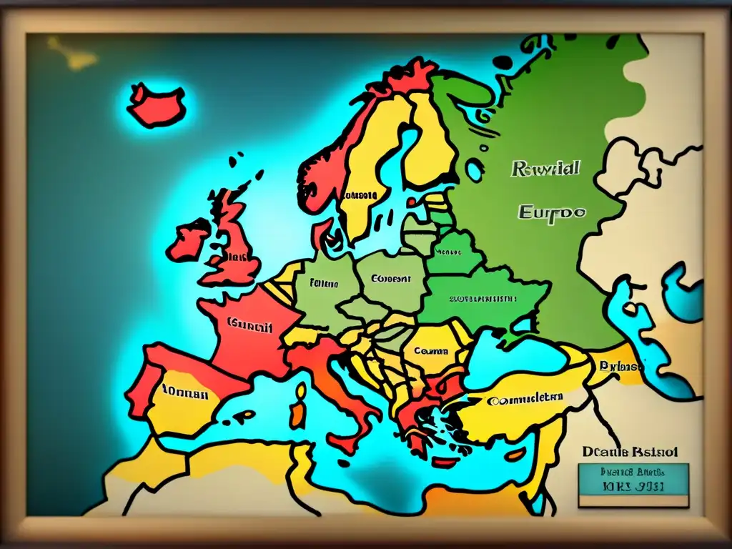 Mapa detallado de Europa medieval con alianzas y rivalidades familiares, en pergamino con caligrafía elegante