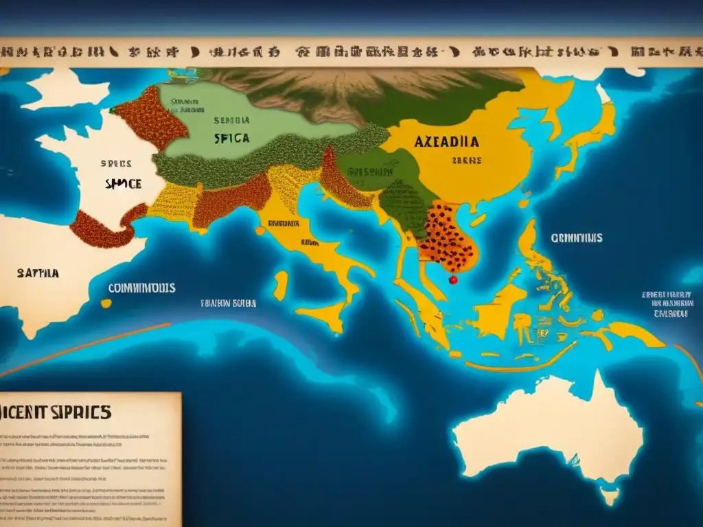 Mapa detallado de las antiguas rutas comerciales de especias, destacando los linajes europeos