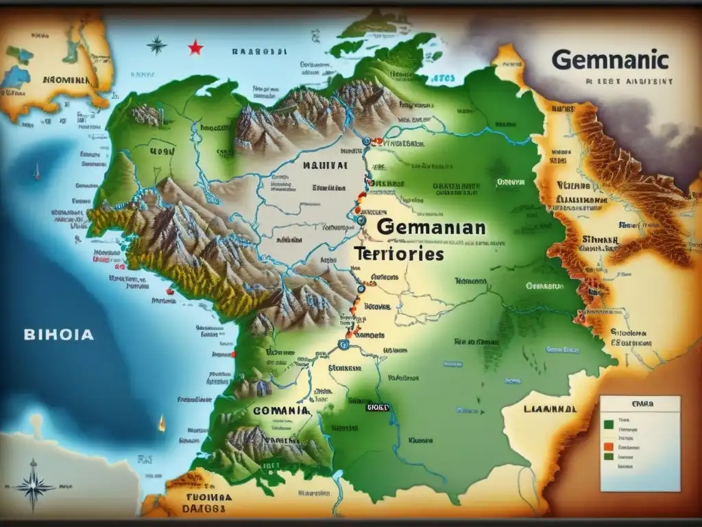 Mapa detallado de antiguos territorios germánicos con colores vibrantes y aspecto histórico