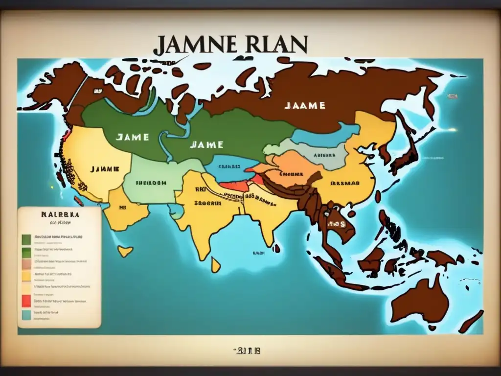 Mapa detallado de la evolución del apellido Jaime a lo largo del tiempo, con ilustraciones de regiones clave y rutas de migración en tonos terrosos