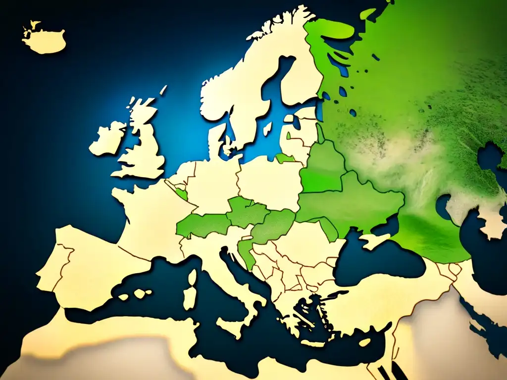 Un mapa detallado de Europa con la distribución histórica de apellidos, caligrafía intrincada y tonos sepia