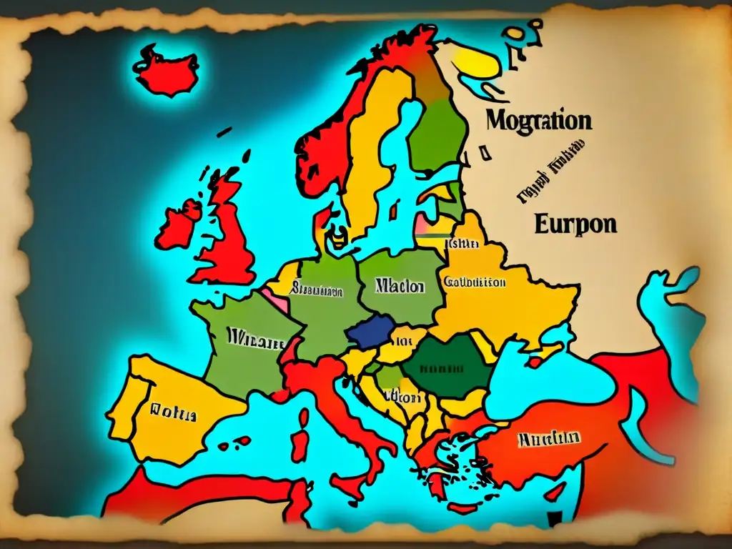 Mapa detallado de Europa con la evolución de apellidos, caligrafía y puntos históricos