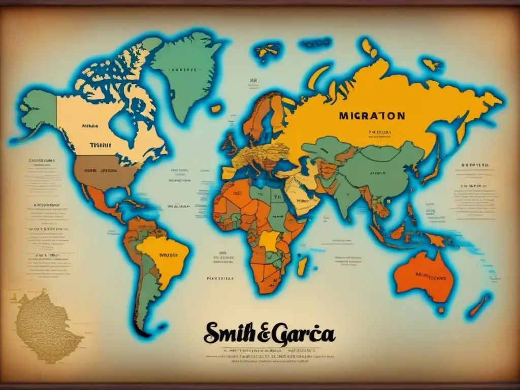 Mapa detallado de apellidos comunes con historia de Smith y García, rodeado de ilustraciones antiguas