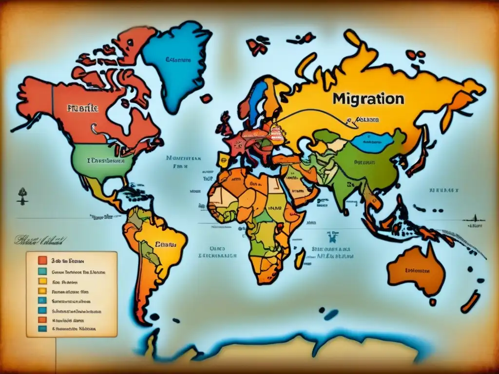 Mapa detallado de la evolución de apellidos migraciones a través de continentes, con líneas punteadas e inscripciones caligráficas antiguas