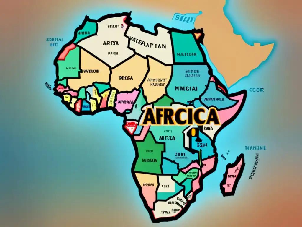 Mapa detallado de África con apellidos migrantes, en tonos sepia