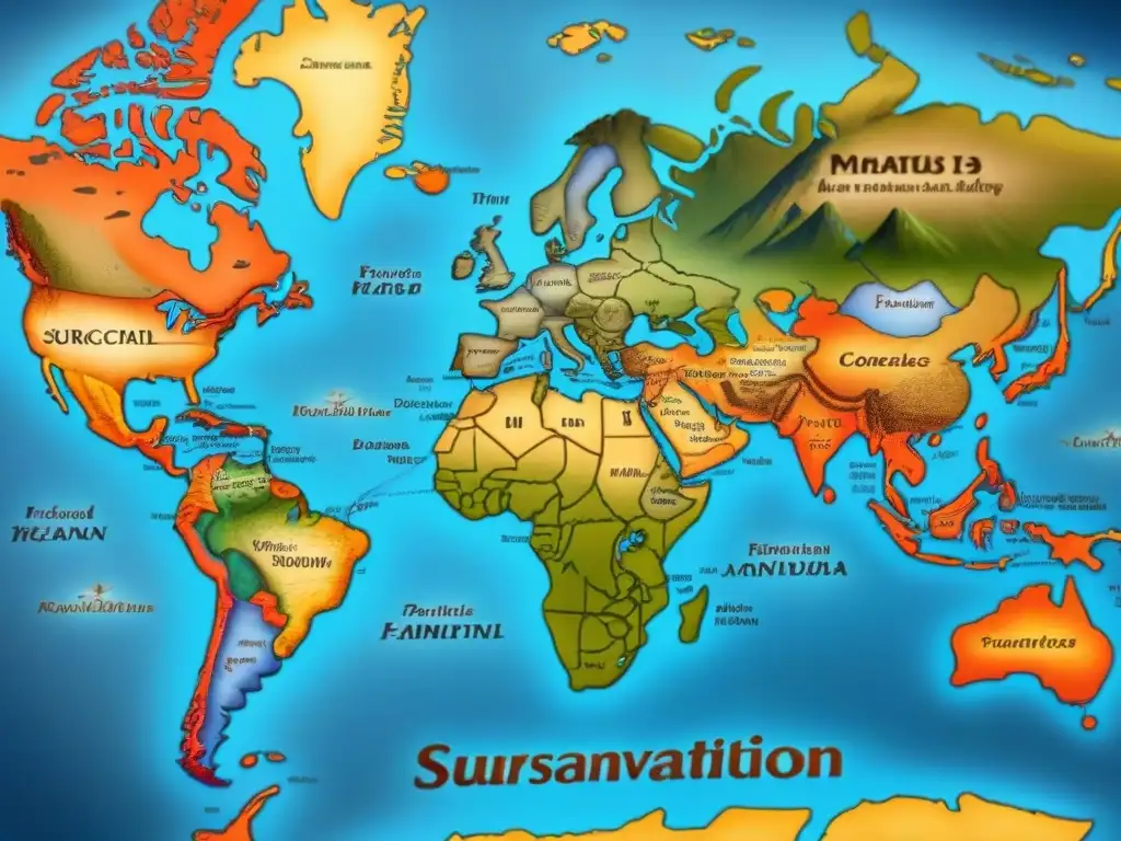 Un mapa detallado que muestra la transformación de apellidos al cruzar océanos y montañas, con ilustraciones de barcos, caravanas y huellas