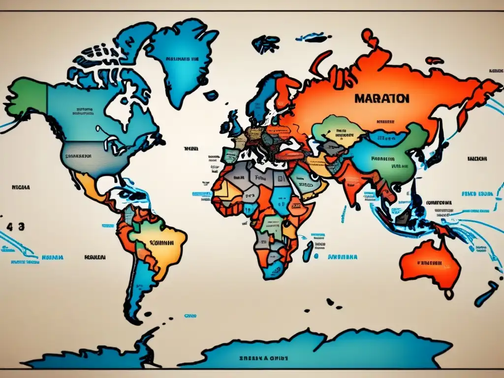 Mapa detallado de la evolución de apellidos a través del tiempo, mostrando rutas de migración globales