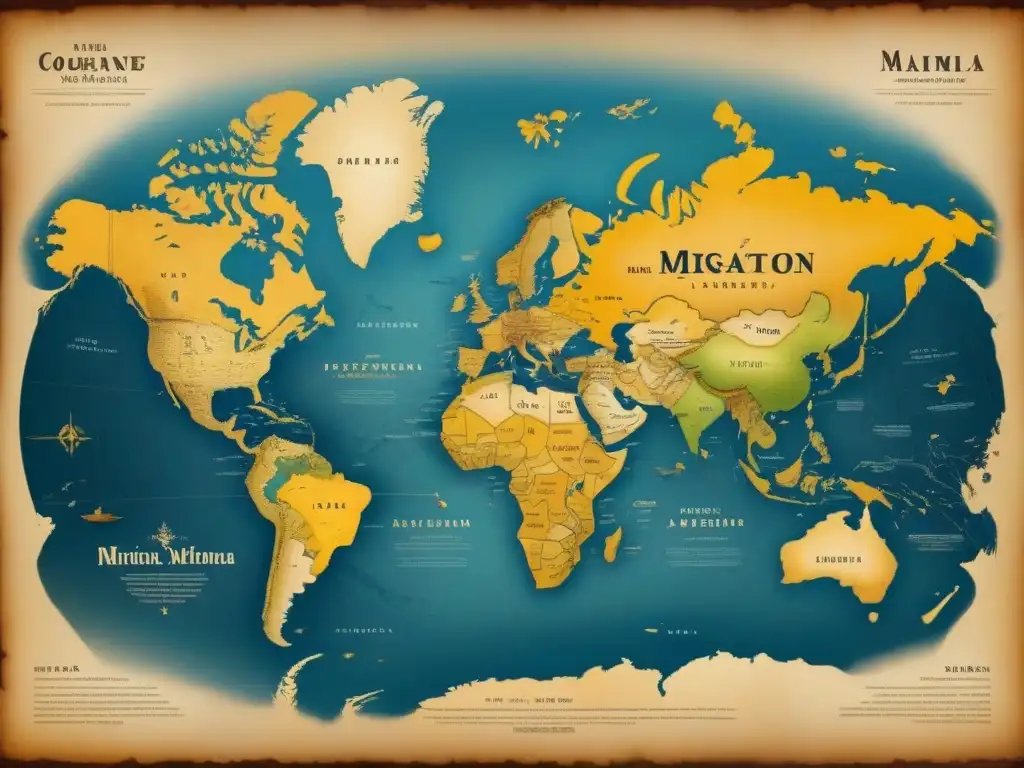 Mapa detallado de la evolución de apellidos por migración, un viaje genealógico único en pergamino envejecido