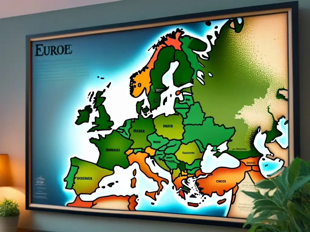 Mapa detallado de Europa con árboles genealógicos interconectados representando apellidos comunes