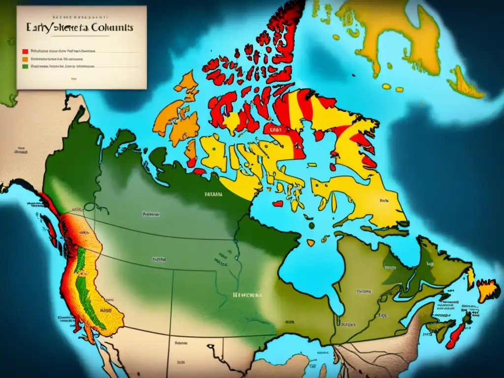 Mapa detallado de asentamientos canadienses tempranos con historia de apellidos y genealogía entrelazados