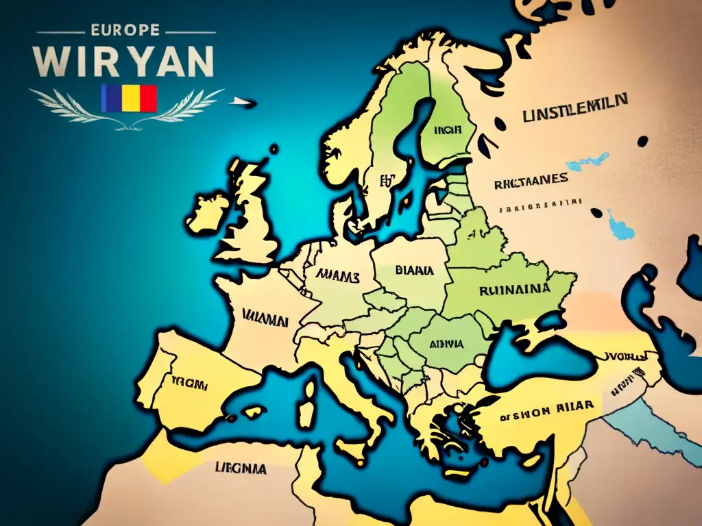 Mapa detallado de Europa con caligrafía trazando apellidos influenciados por guerras mundiales, evocando historia y exploración académica