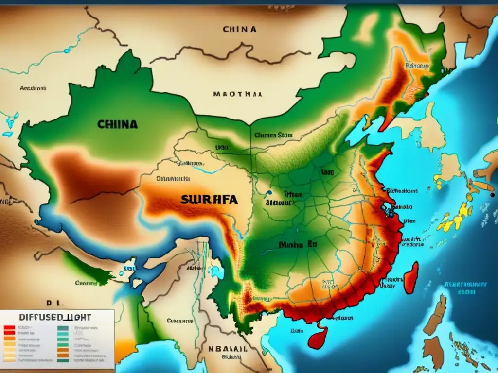 Mapa detallado de China con distribución de apellidos chinos, caligrafía y paleta de colores antiguos