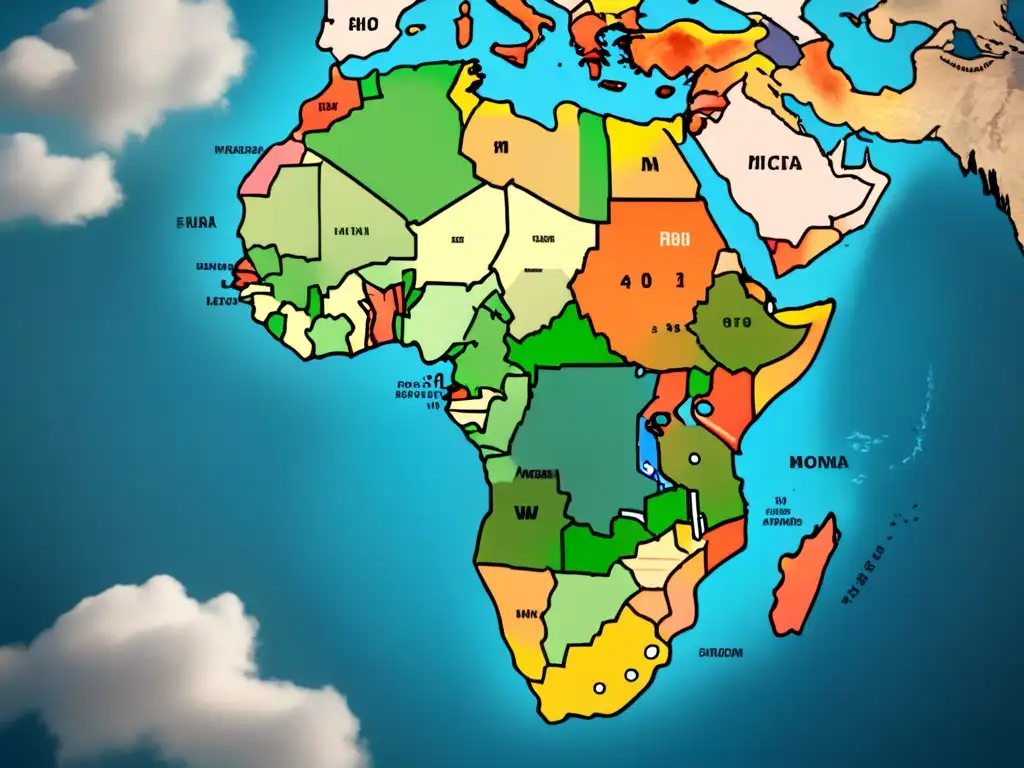 Un mapa detallado de África con colores desgastados y líneas que simbolizan la historia migratoria interna en el continente