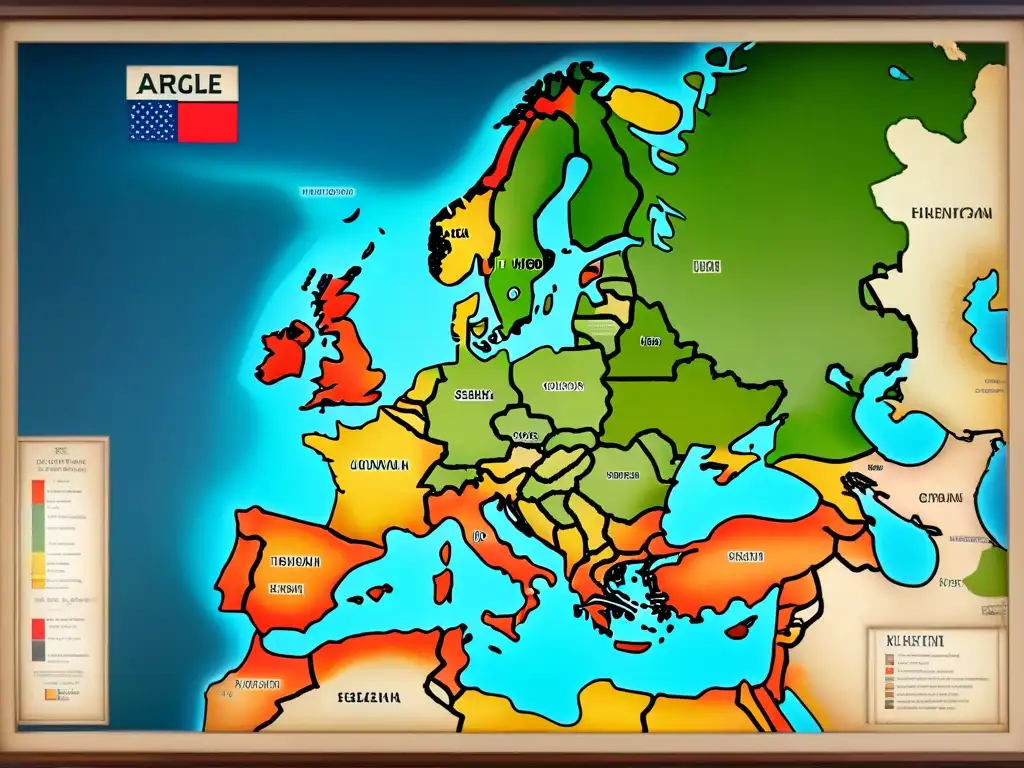 Mapa detallado del comercio transatlántico entre América y Europa, con ilustraciones de barcos, bienes comerciales y símbolos culturales