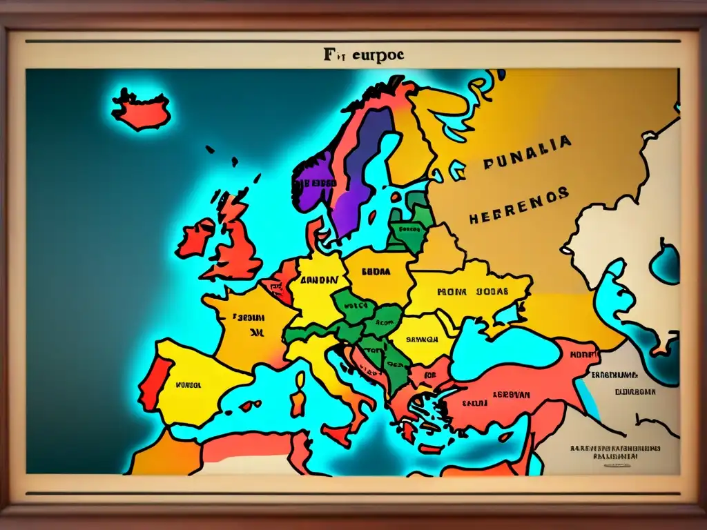 Mapa detallado de Europa con conexiones genealógicas de familias nobles, adornado con historias y orígenes de apellidos nobleza europea