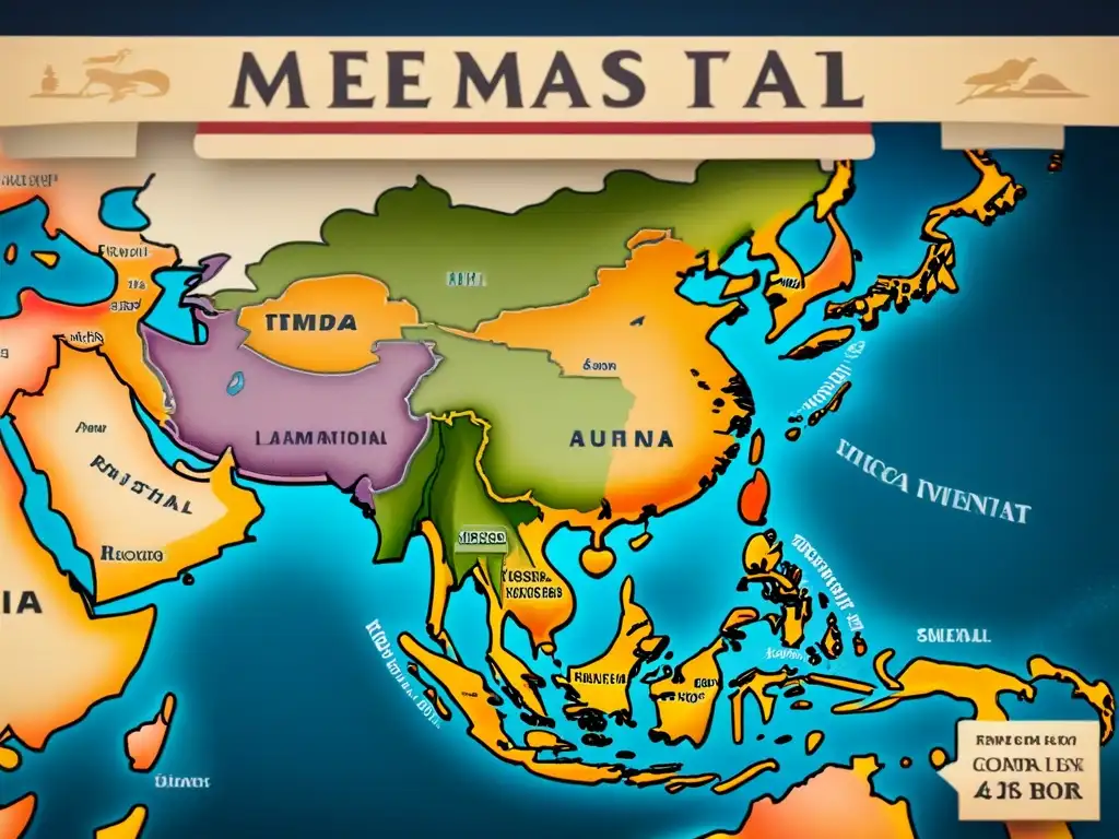 Un mapa detallado de Asia, mostrando elementos culturales diversos