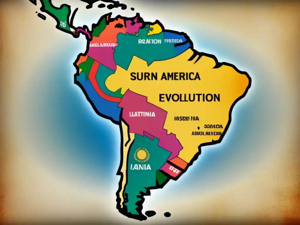 Un mapa detallado de Latinoamérica con escudos familiares históricos, representando la evolución de apellidos en genealogía