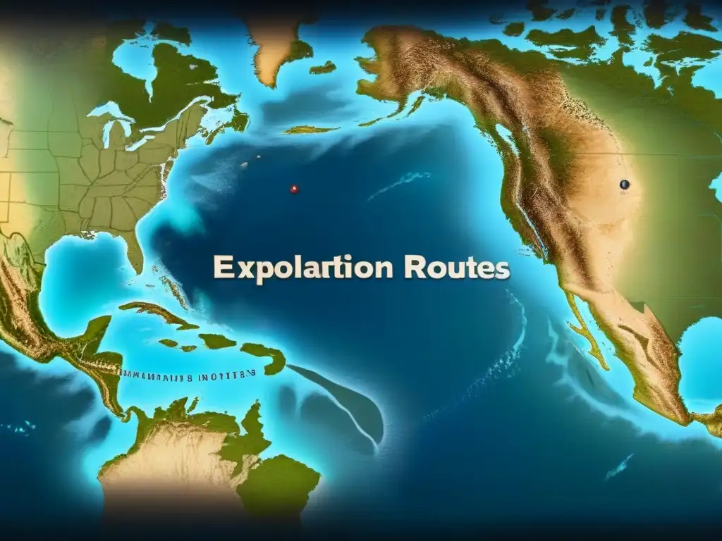 Mapa detallado de la exploración de la familia Cortés desde España al Nuevo Mundo, con tonos sepia y rutas de conquista