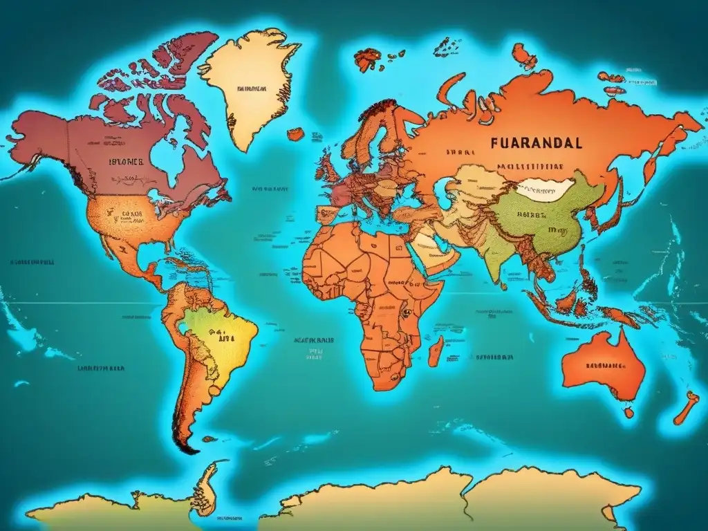 Mapa detallado de distribución global de apellidos por inmigración, con tonos terrosos y rutas de navegación