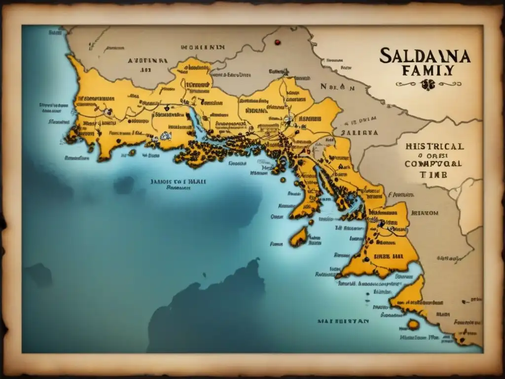 Mapa detallado de la historia del apellido Saldana, con tonos sepia y bordes desgastados