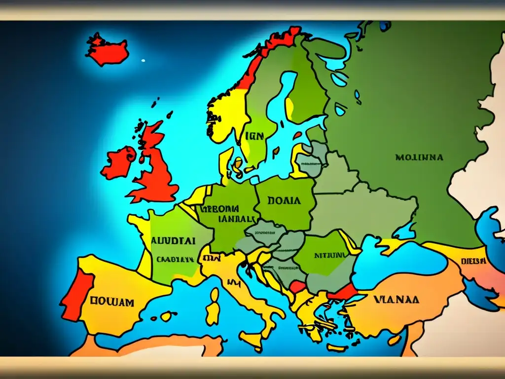 Mapa detallado de Europa con historia de apellidos suizos en migración, ilustraciones detalladas y rosas de los vientos antiguas