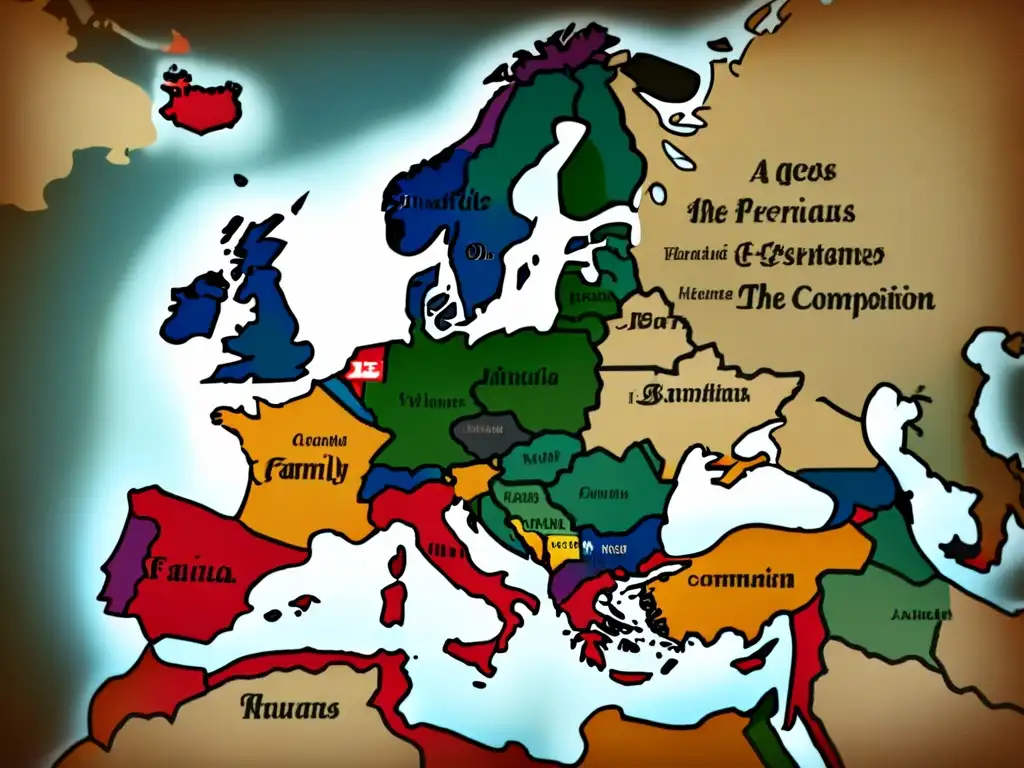 Mapa detallado de Europa con historia apellidos europeos evolución, ilustraciones y caligrafía vintage