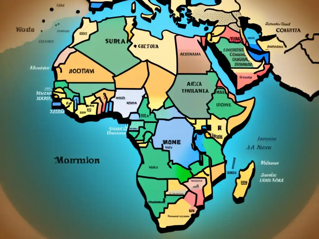 Mapa detallado de la historia de apellidos en África, con rutas de migración y destinos destacados en tonos sepia