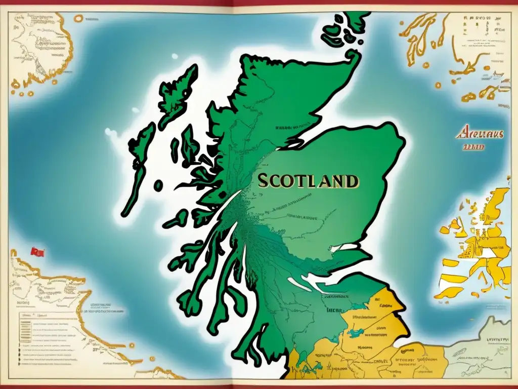 Mapa detallado con historia de apellidos escoceses en América, clanes, tartanes y barcos, evocando tradición y exploración