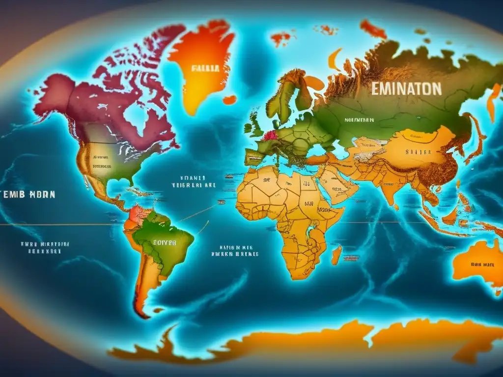 Un mapa detallado de la historia de apellidos migrantes, con símbolos únicos que representan cada linaje en rutas por continentes