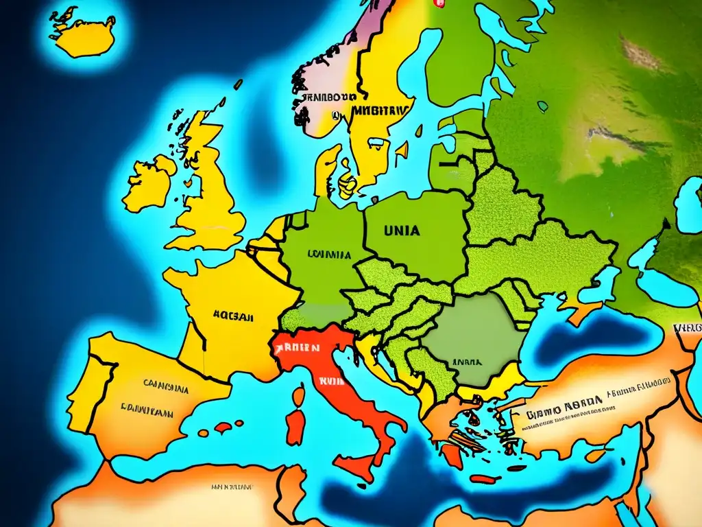 Mapa detallado de Europa con historia de apellidos escandinavos emigración, ilustrado con barcos y brújulas antiguas