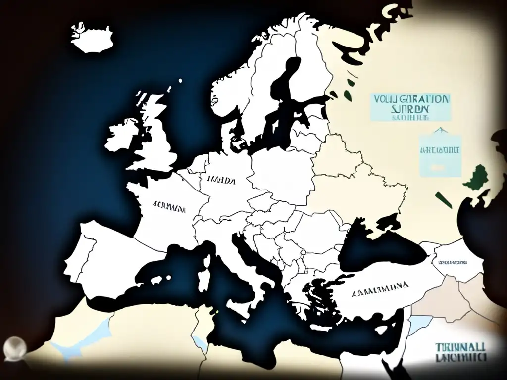 Mapa detallado de Europa con historias migración apellidos portugueses en tonos sepia envejecidos y caligrafía antigua