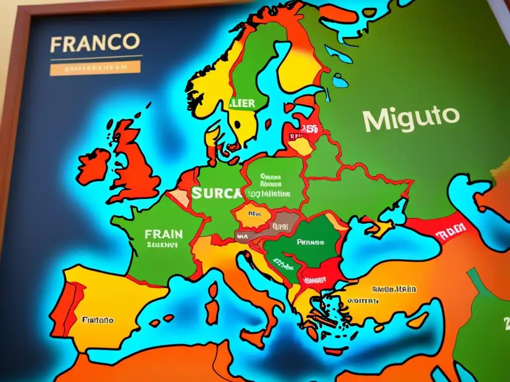 Mapa detallado de migración histórica del apellido Franco en Europa y América, con caligrafía dorada y escudos familiares